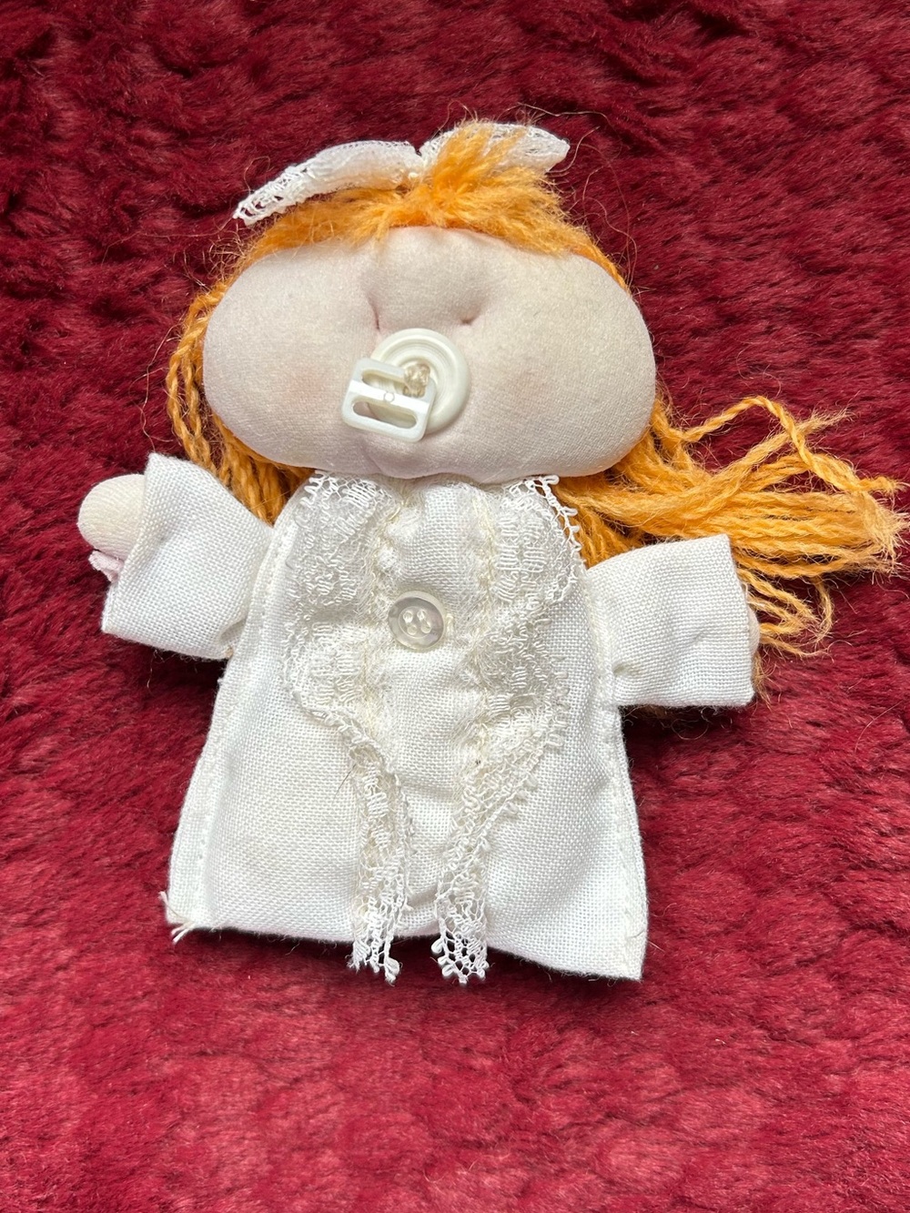 Strange 3.5” mini small handmade cloth baby doll flat pacifier yarn blonde yello